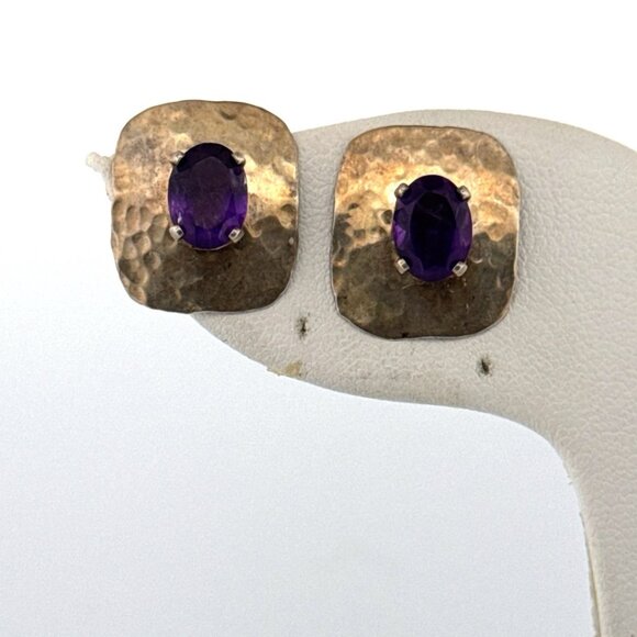 Estate Sterling Silver Hammered Stud Earrings with Purple Gemstones, 3.0g - Picture 1 of 8